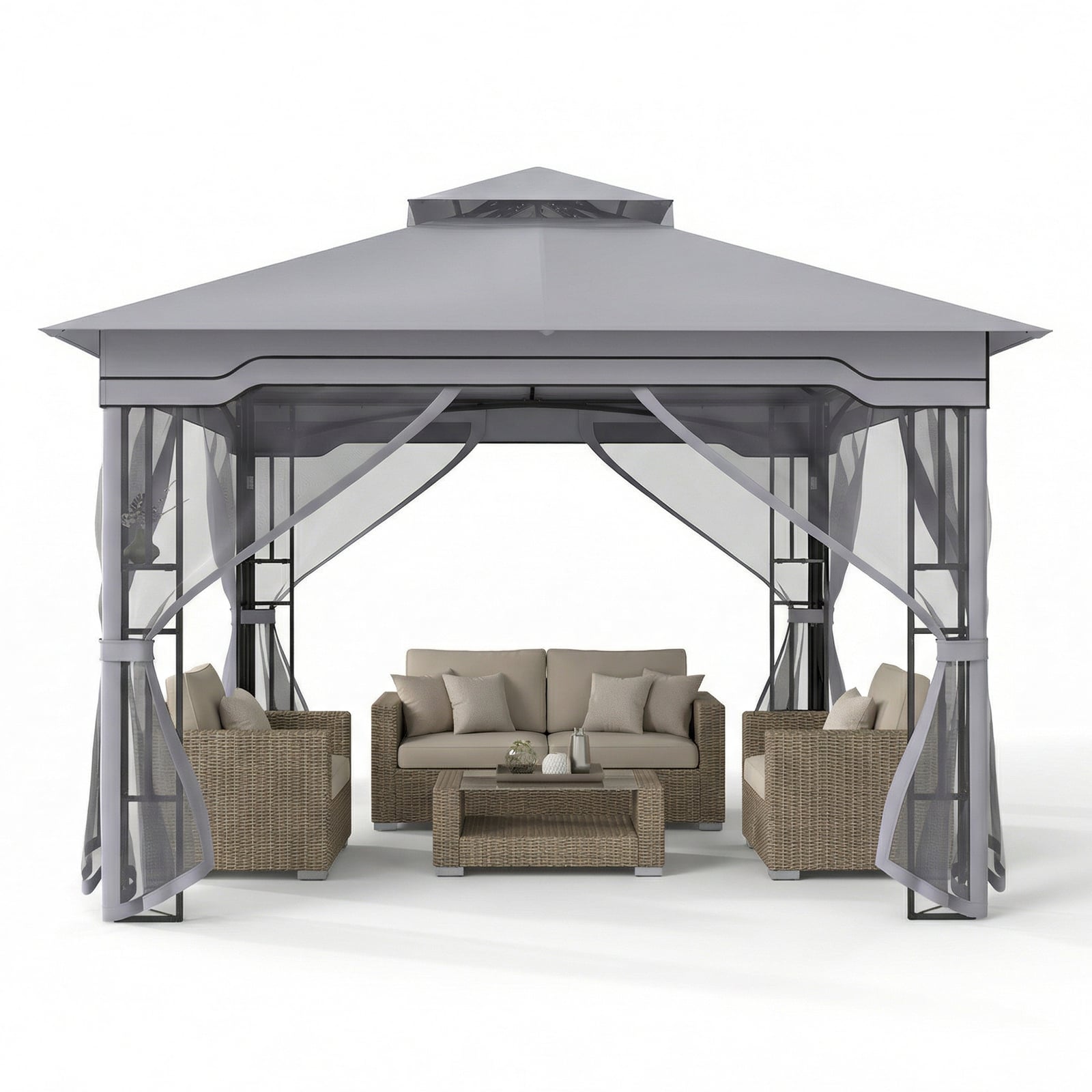330 X 330 CM Double Roof Soft Top Patio Gazebo with Zippered Mesh Netting-Gray