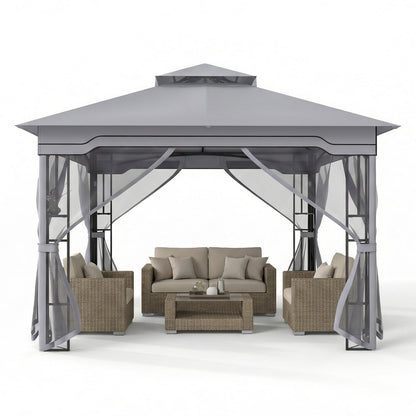330 X 330 CM Double Roof Soft Top Patio Gazebo with Zippered Mesh Netting-Gray