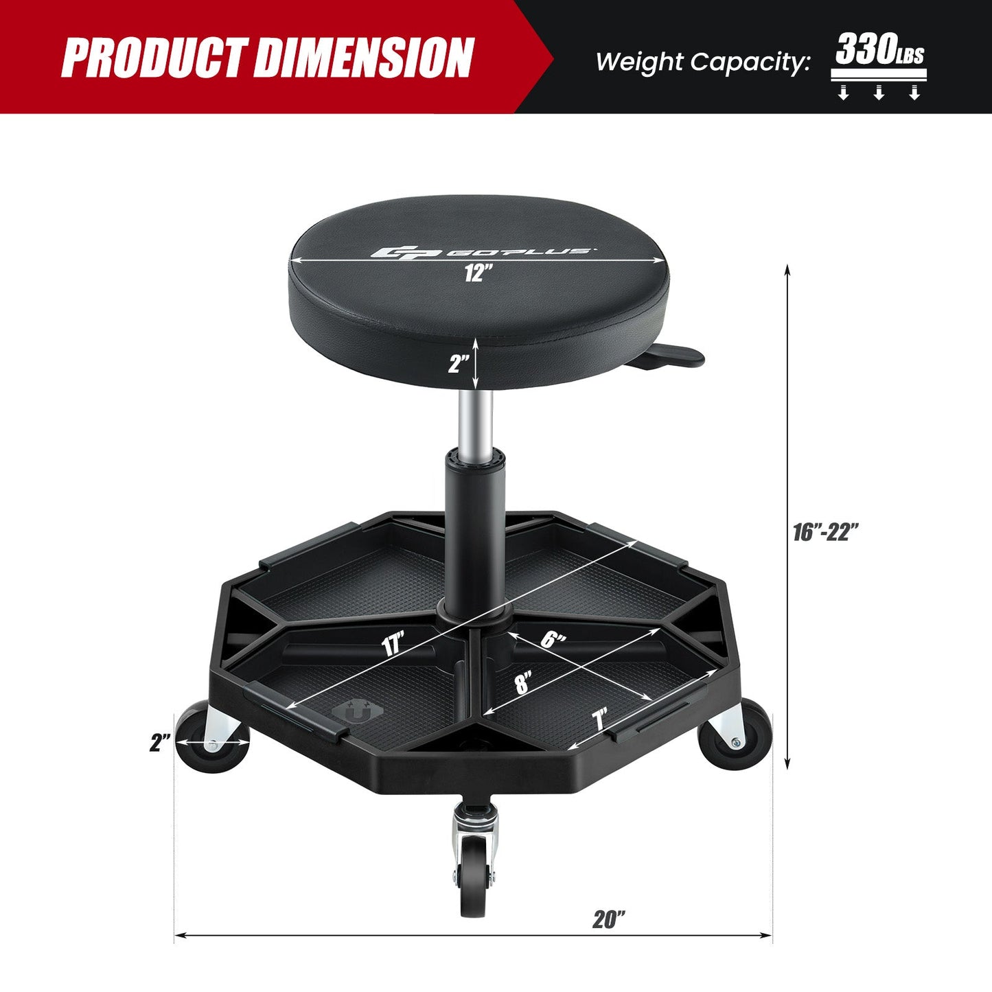 330 LBS Capacity Pneumatic Rolling Mechanic Stool with Padded Seat-Black