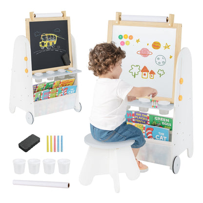 Height Adjustable Kids Art Easel with Stool and Magnetic Whiteboard-Grey