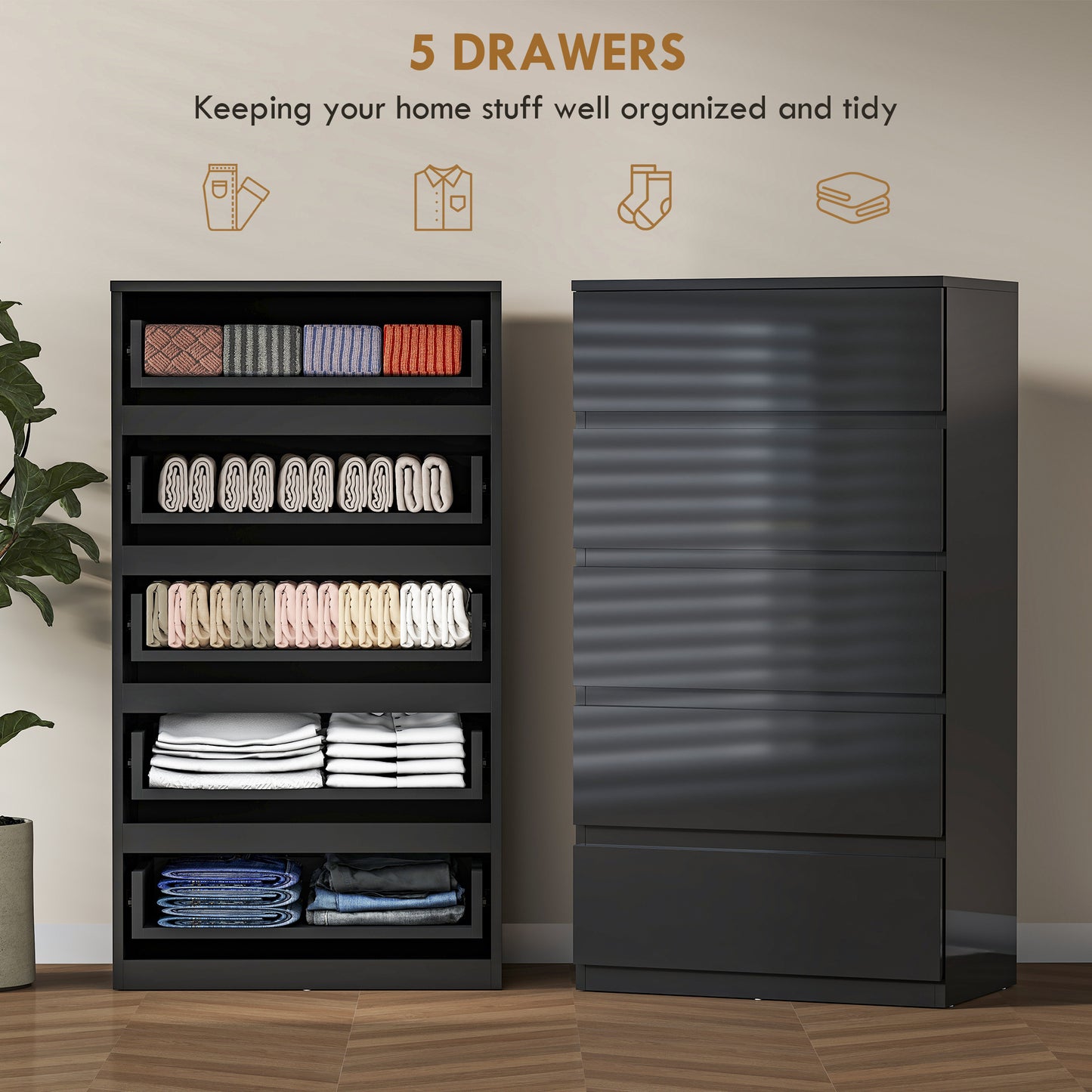 HOMCOM Chest of Drawers, 5-Drawer Storage Cabinets, Modern Dresser, Storage Drawer Unit for Bedroom