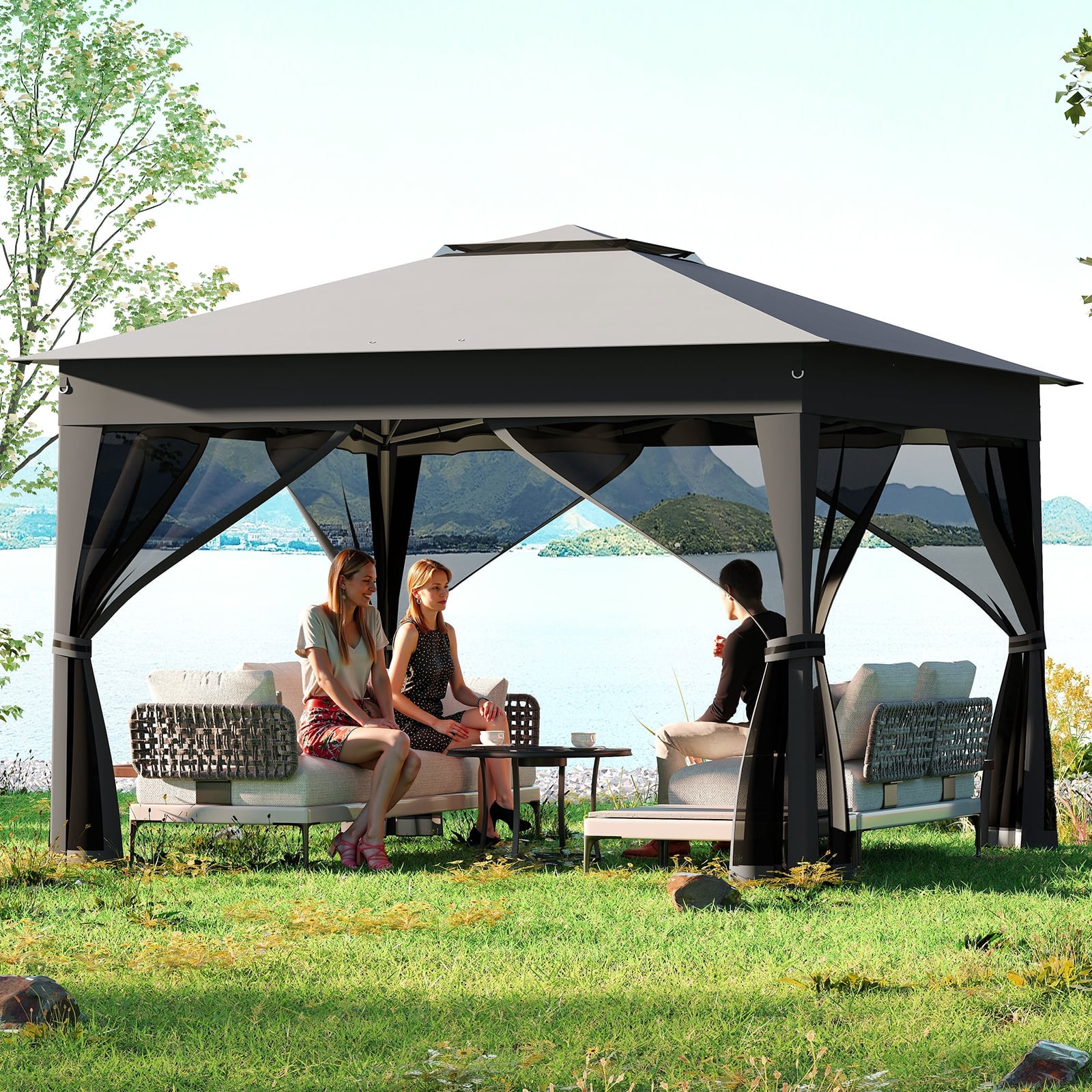 338 x 338 CM Pop Up Gazebo with Mesh Netting and Double Roof-Grey