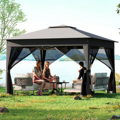 338 x 338 CM Pop Up Gazebo with Mesh Netting and Double Roof-Grey