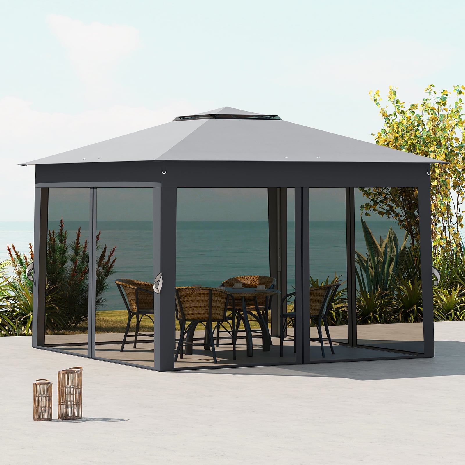 338 x 338 CM Pop Up Gazebo with Mesh Netting and Double Roof-Grey