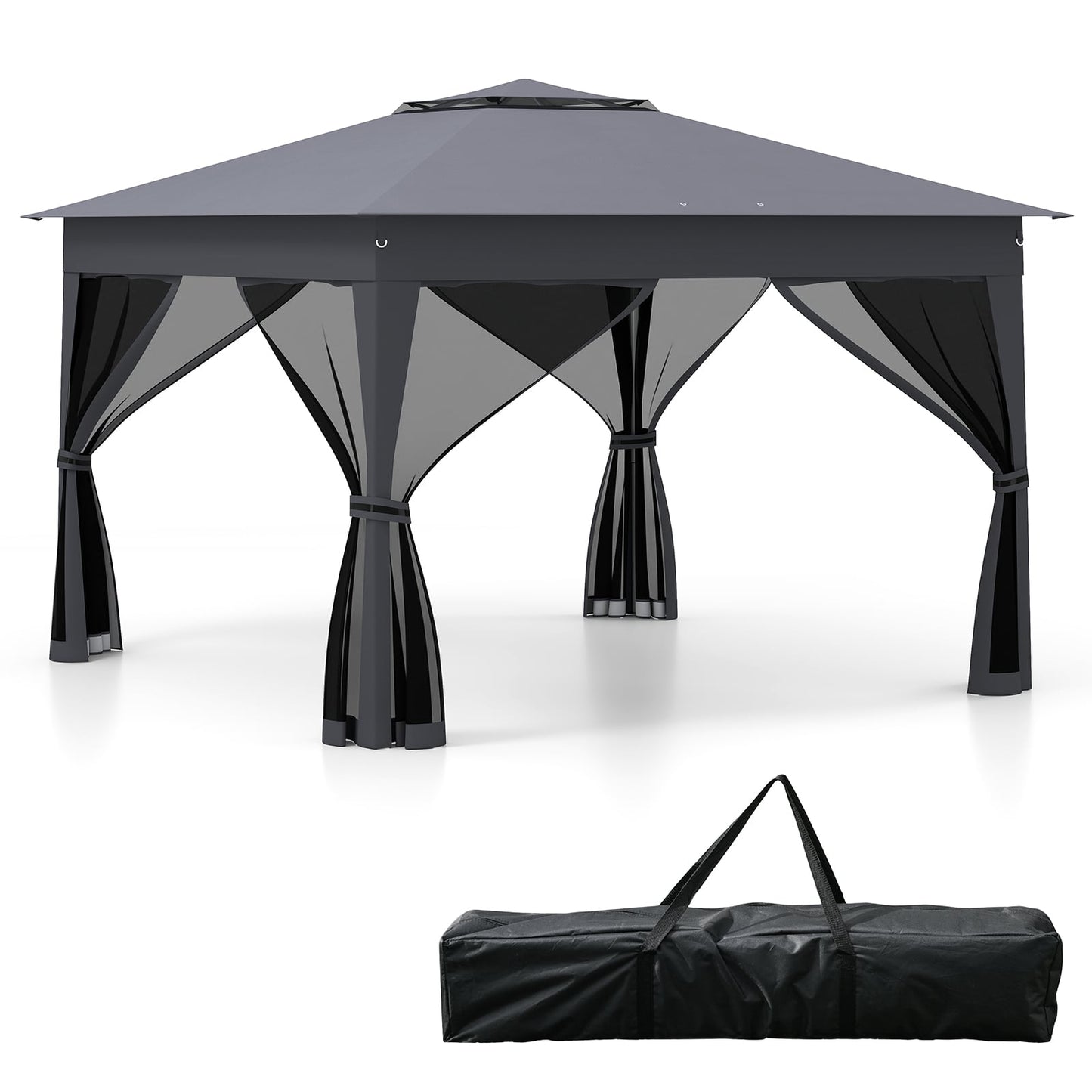 338 x 338 CM Pop Up Gazebo with Mesh Netting and Double Roof-Grey