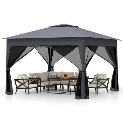 338 x 338 CM Pop Up Gazebo with Mesh Netting and Double Roof-Grey