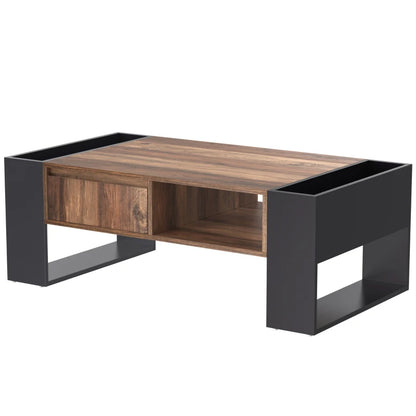 Wood Grain Coffee Table with Handleless Drawer and Double-Sided Storage, Industrial Design, 106.4x60x40 cm, Black+ Gray