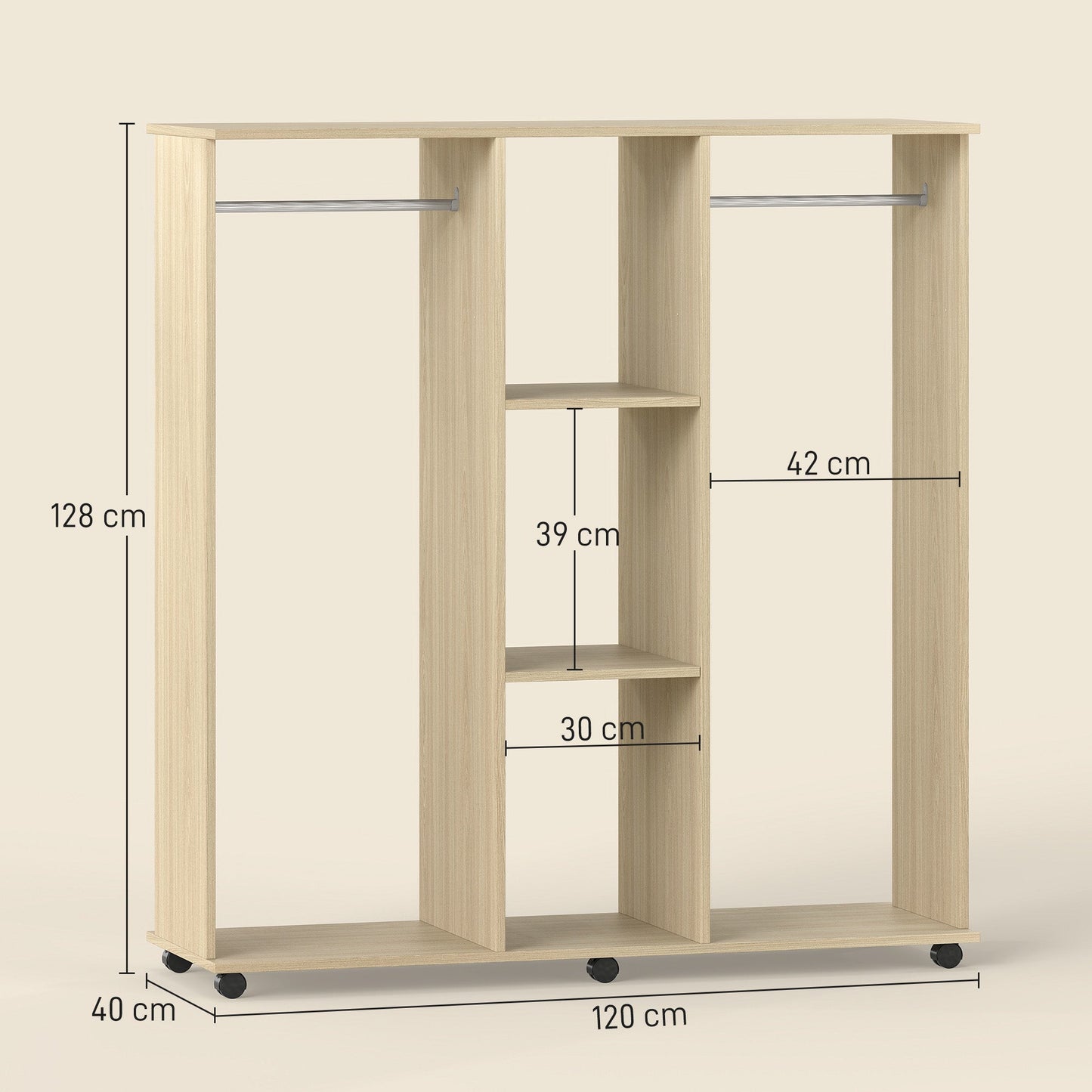 HOMCOM Open Wardrobe Double Mobile Storage Shelves Organizer W/6 Wheels-Natural