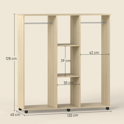 HOMCOM Open Wardrobe Double Mobile Storage Shelves Organizer W/6 Wheels-Natural