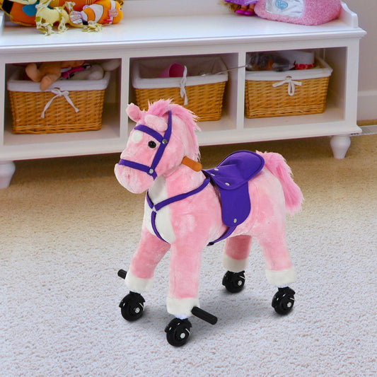 HOMCOM Rocking Horse Kids Ride on Walking Horse Animal Pony Wheeled Riding Plush Toy w/Sound for 2 Years and Up (Pink)