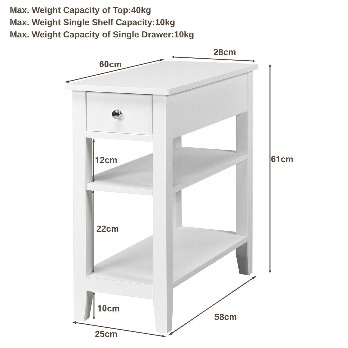 3-Tier End Table with Drawer-White