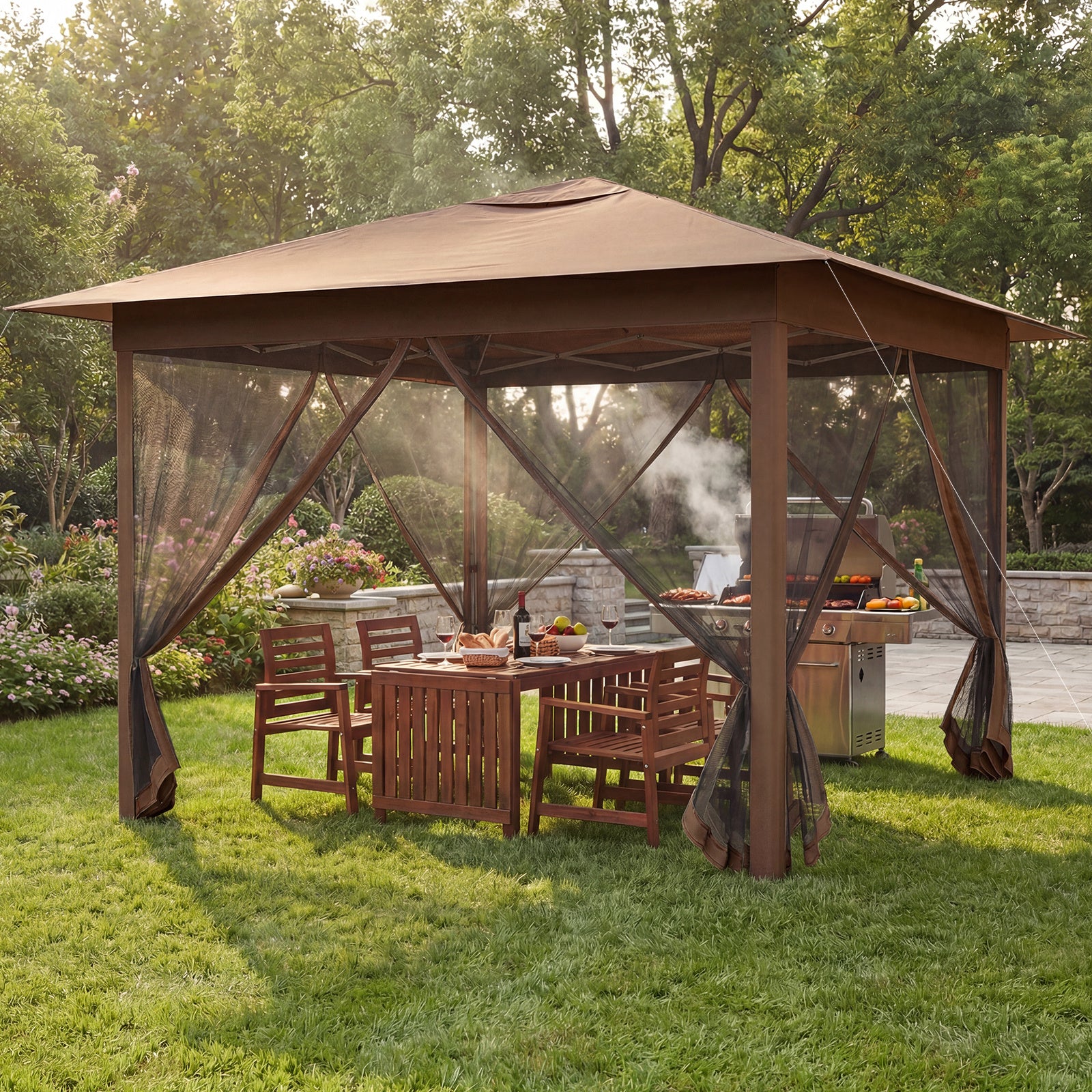 350 X 350 cm Easy Pop-up Canopy with Mesh Screen Netting and Carry Bag-Brown