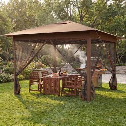 350 X 350 cm Easy Pop-up Canopy with Mesh Screen Netting and Carry Bag-Brown