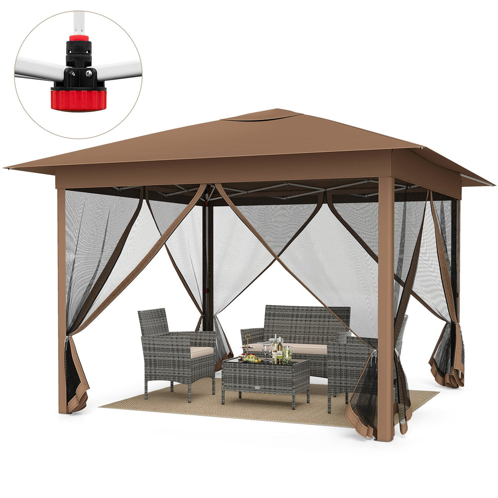 350 X 350 cm Easy Pop-up Canopy with Mesh Screen Netting and Carry Bag-Brown