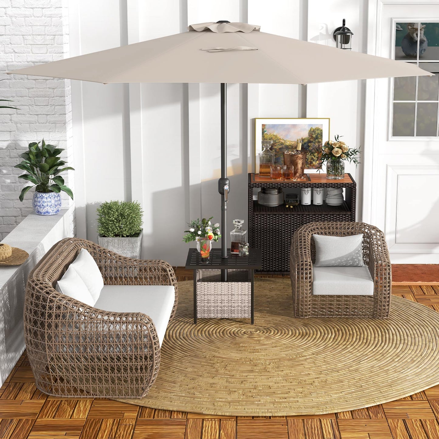 350 cm Patio Umbrella 8 Sturdy Ribs Table Umbrella with Crank Handle-Beige