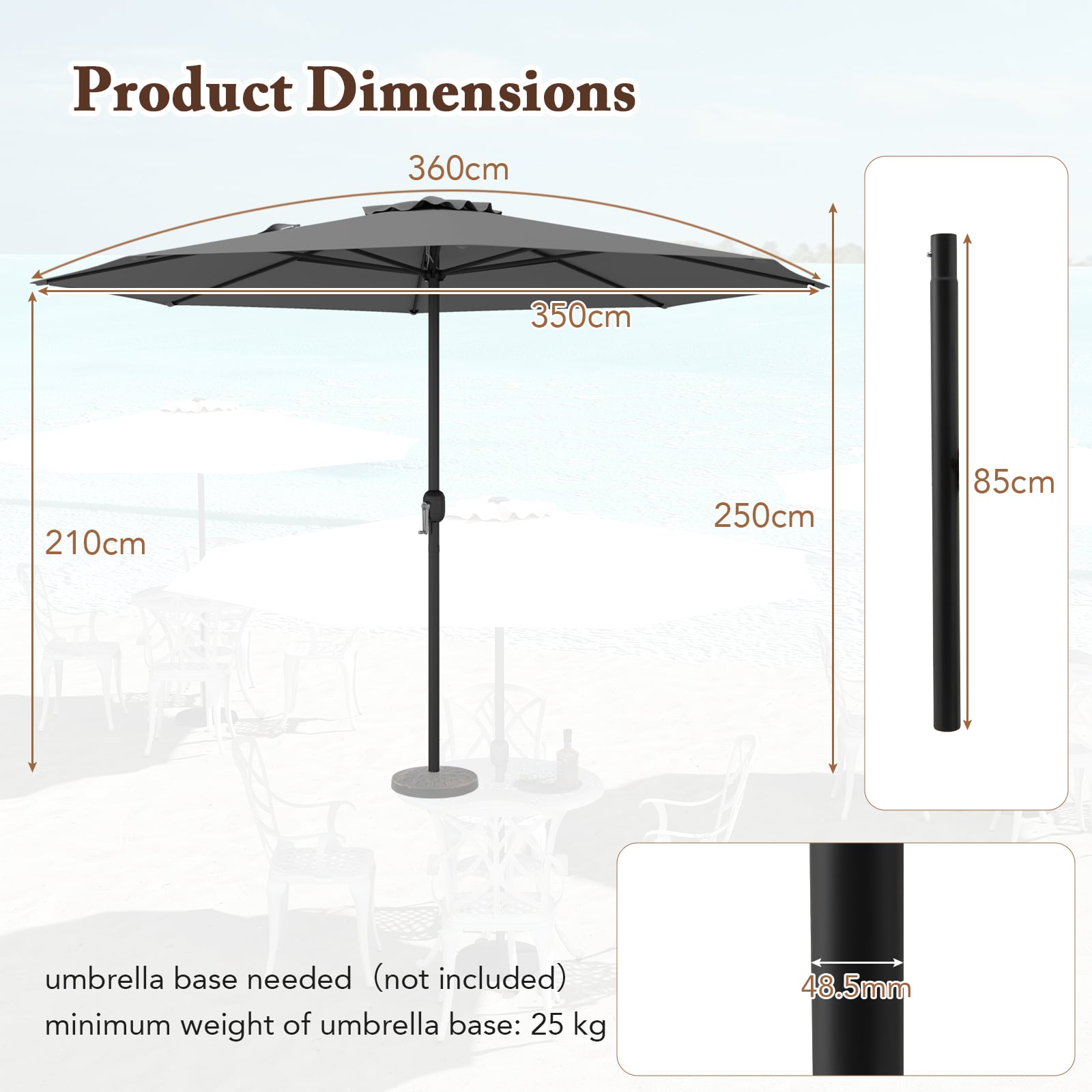 350 cm Patio Umbrella 8 Sturdy Ribs Table Umbrella with Crank Handle-Grey