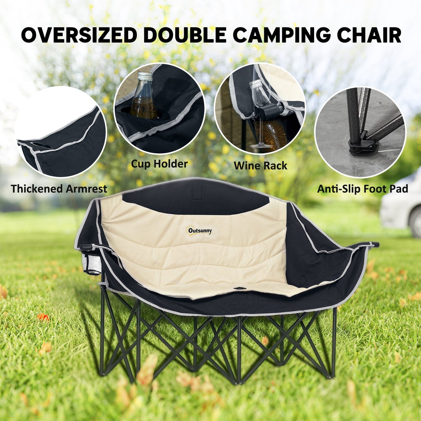 Outsunny Double Camping Chair for Adults, Oversized Heavy Duty Padded Folding Chair with Armrests, Cup Holders and Carry Bag for Outdoor Camping Hiking Picnic Fishing, 250kg Capacity, Khaki