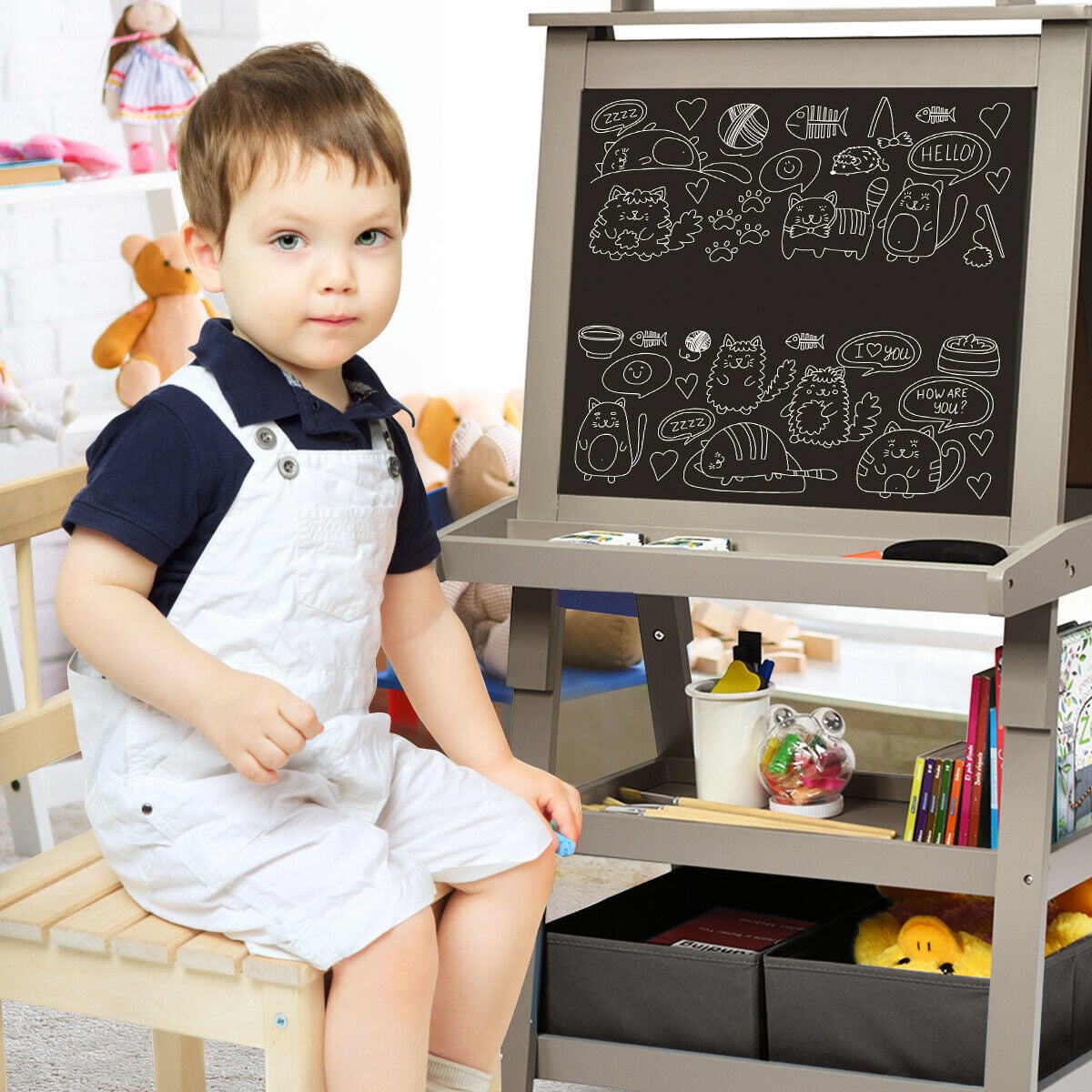 Children's Double-Sided Art Easel with Paper Roll-Grey