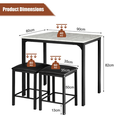 3 Piece Dining Table Set with 2 Faux Leather Backless Stools-White