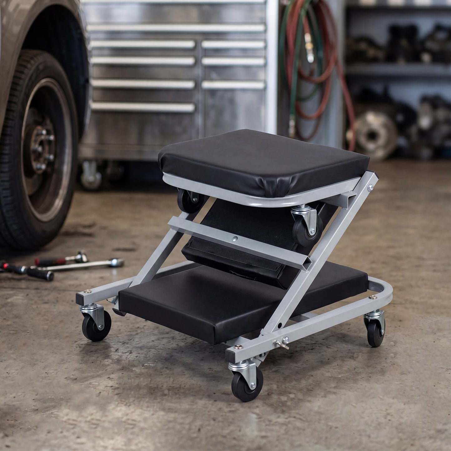 36" 2-in-1 Mechanic Creeper & Z-Seat with 6 Swivel Casters-Black and Gray