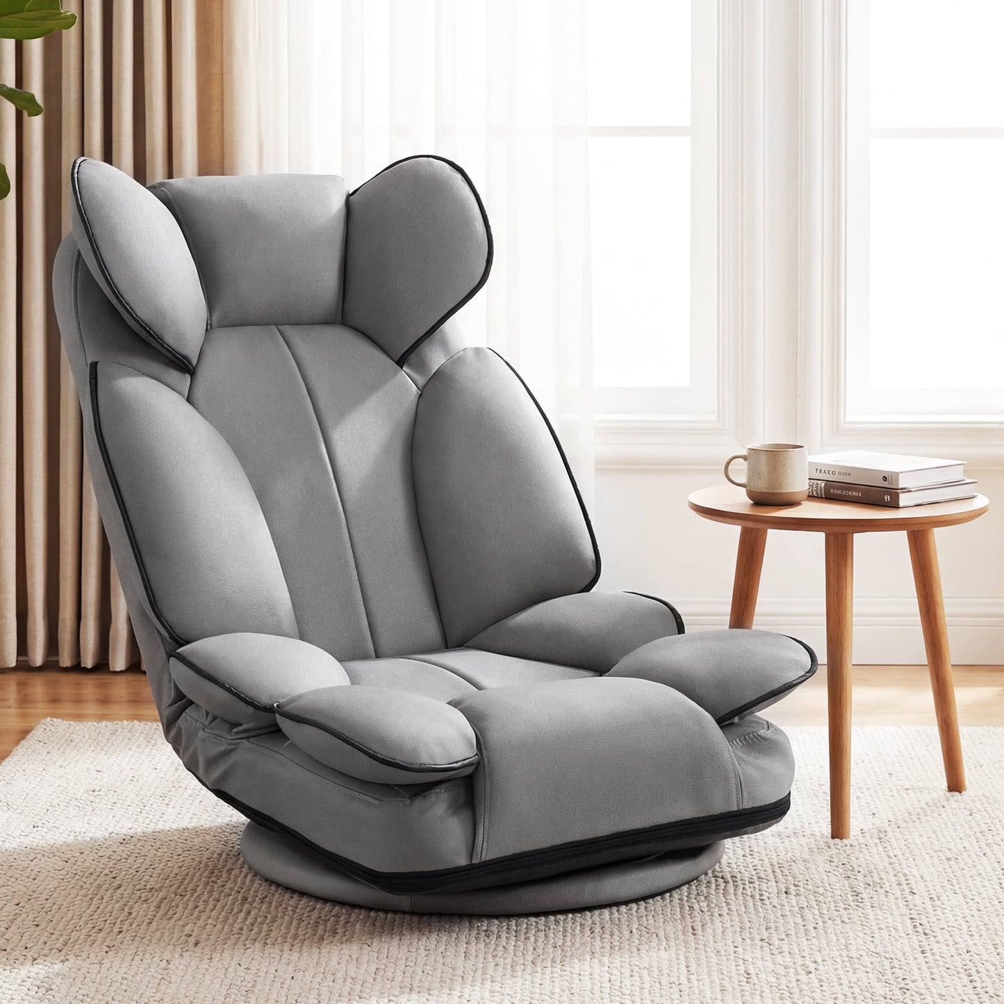 360 Degree Swivel Floor Gaming Chair Folding Lazy Lounger Couch with 6-Position Adjustable Backrest-Grey