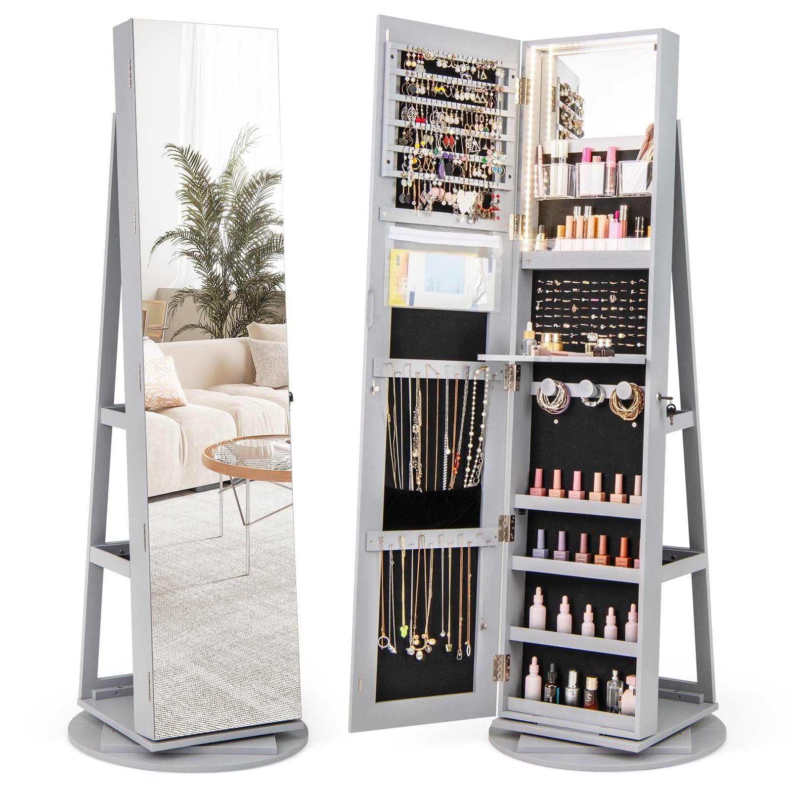360-Degree Mirrored Jewelry Armoire with 3-Color Auto-on LED Lights-Grey