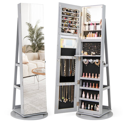 360-Degree Mirrored Jewelry Armoire with 3-Color Auto-on LED Lights-Grey