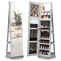 360-Degree Mirrored Jewelry Armoire with 3-Color Auto-on LED Lights-Grey