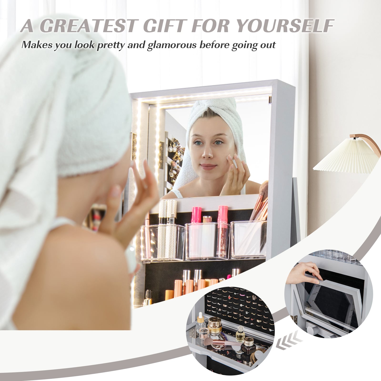 360-Degree Mirrored Jewelry Armoire with 3-Color Auto-on LED Lights-Grey