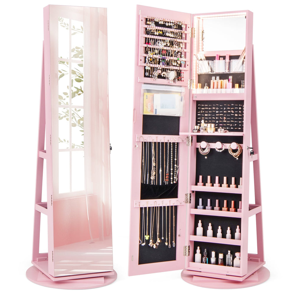 360-Degree Mirrored Jewelry Armoire with 3-Color Auto-on LED Lights-Pink