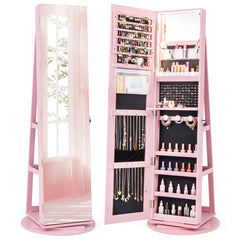 360-Degree Mirrored Jewelry Armoire with 3-Color Auto-on LED Lights-Pink