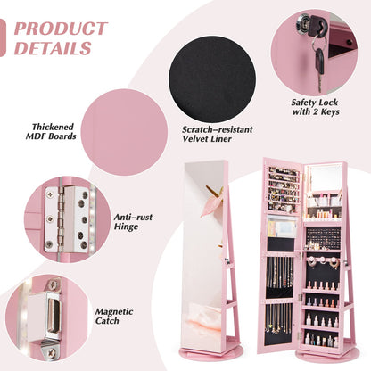360-Degree Mirrored Jewelry Armoire with 3-Color Auto-on LED Lights-Pink