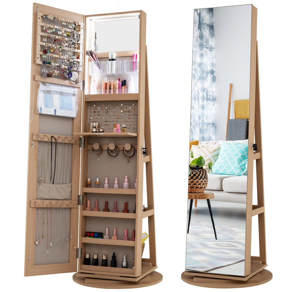 360-Degree Mirrored Jewelry Armoire with 3-Color Auto-on LED Lights-Wood