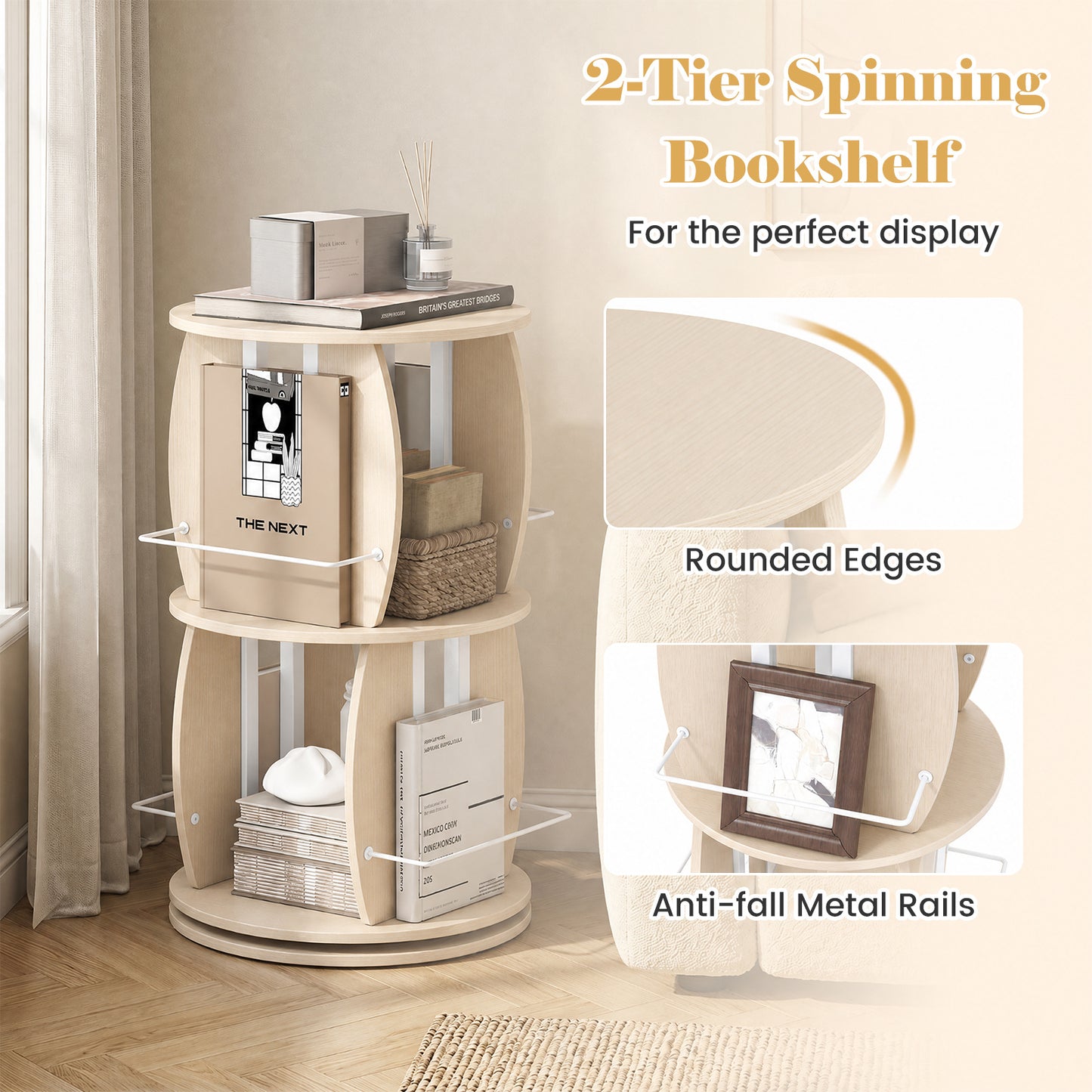 360° Spinning Rotating Bookshelf Tower with Display Stands and Side Rails-Oak