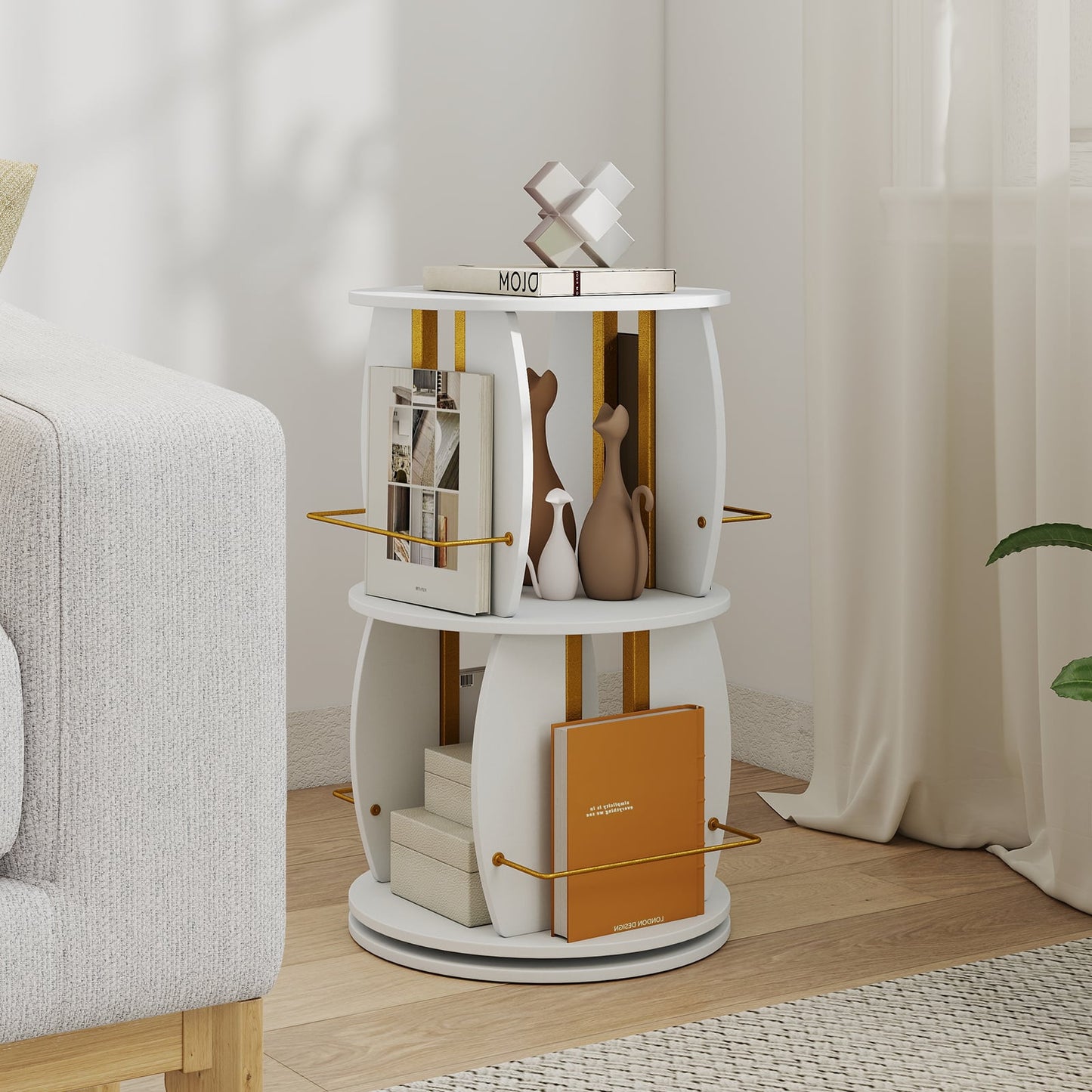 360° Spinning Rotating Bookshelf Tower with Display Stands and Side Rails-WhiteGold