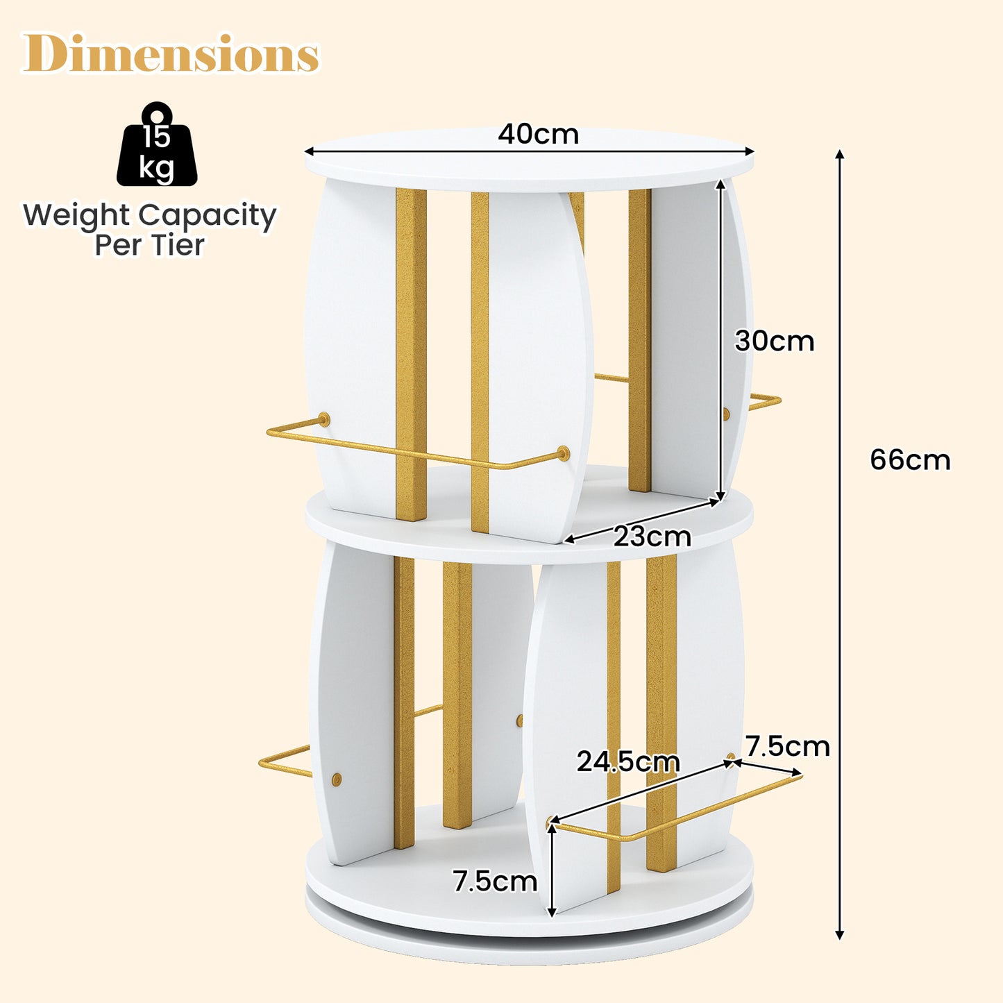 360° Spinning Rotating Bookshelf Tower with Display Stands and Side Rails-WhiteGold