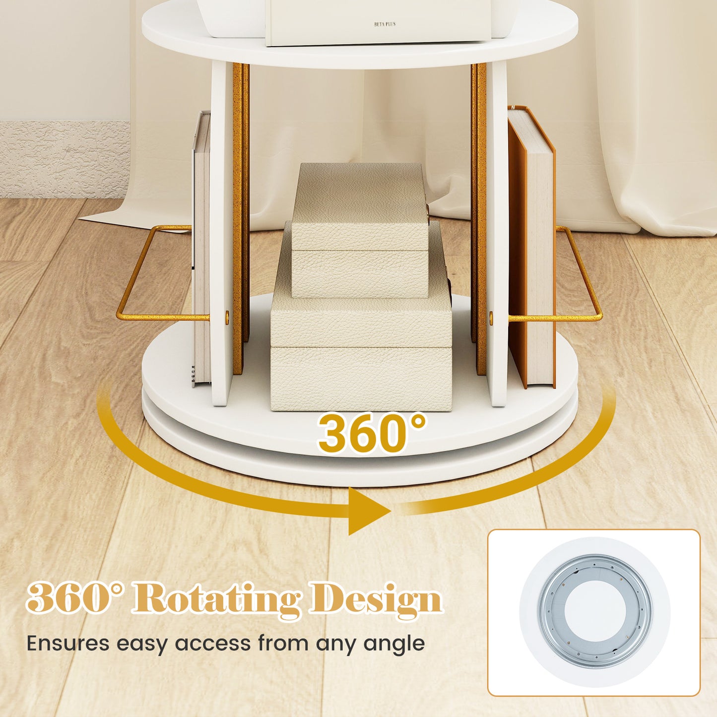360° Spinning Rotating Bookshelf Tower with Display Stands and Side Rails-WhiteGold