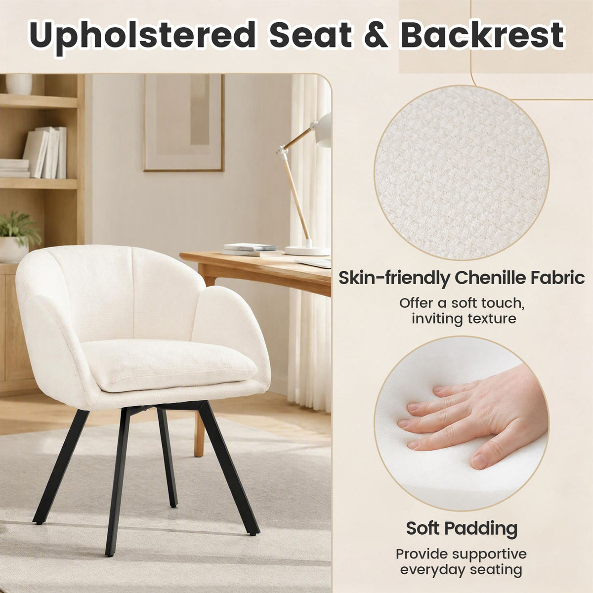 360° Swivel Accent Chair Upholstered Chenille Armchair with Metal Base-Beige