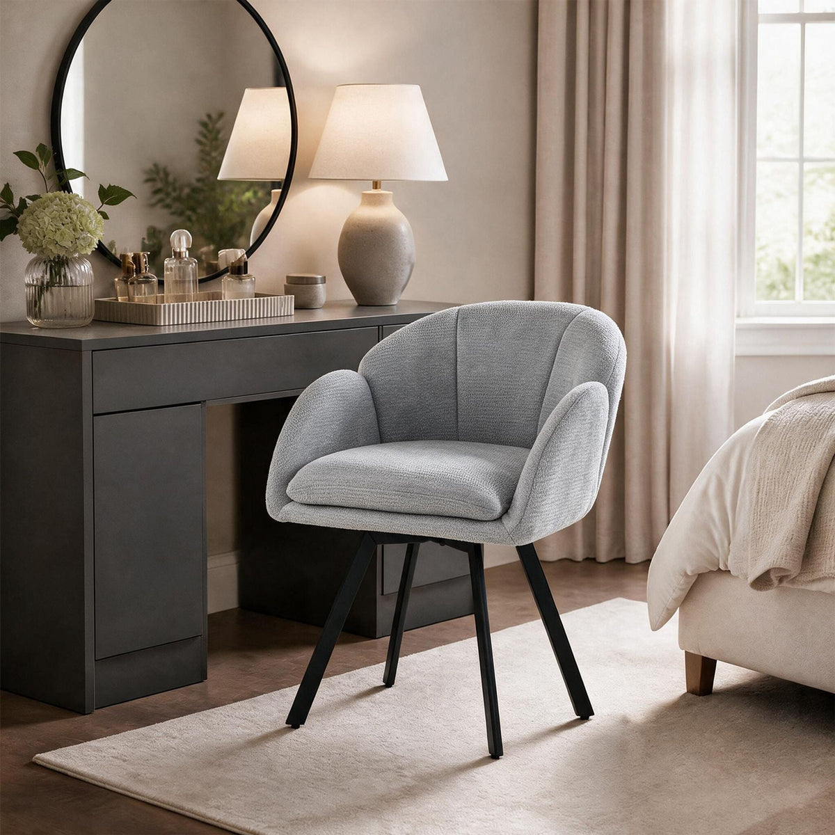 360° Swivel Accent Chair Upholstered Chenille Armchair with Metal Base-Grey