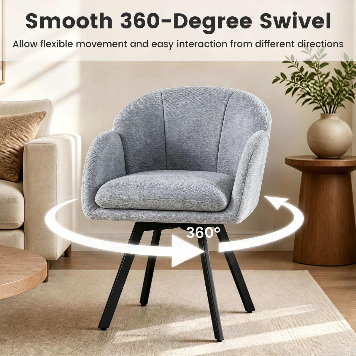 360° Swivel Accent Chair Upholstered Chenille Armchair with Metal Base-Grey