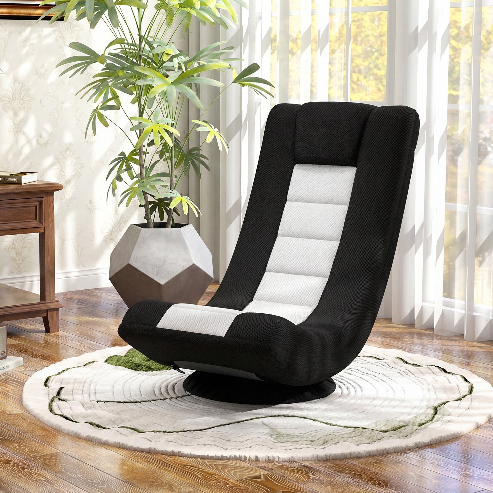 360° Swivel Gaming Chair 4 Position Adjustable Folding Floor Sofa-Black and White