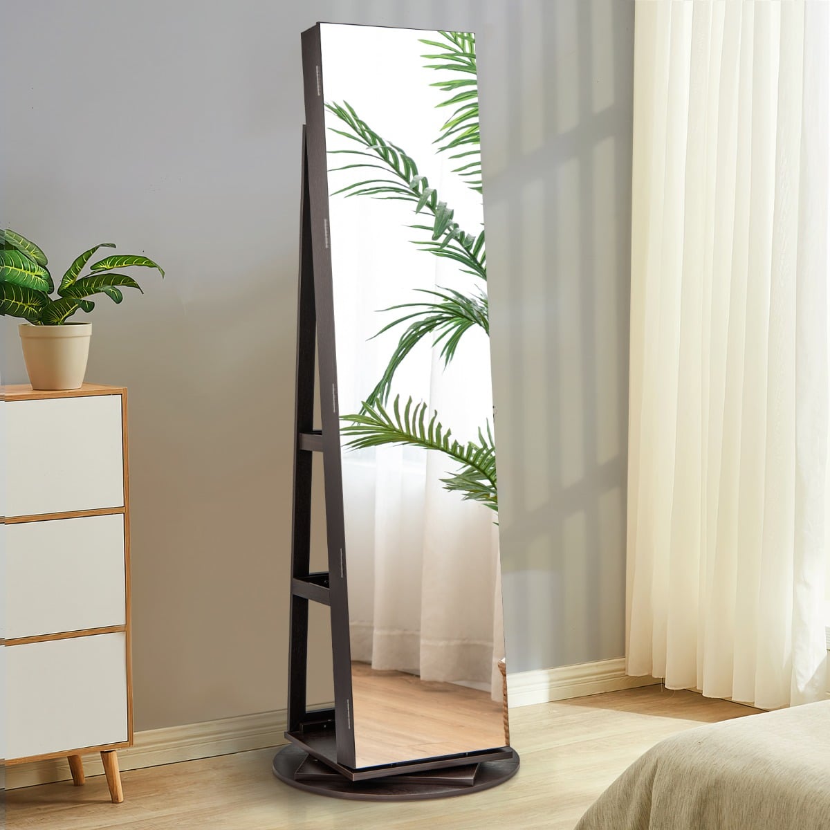 360-Degree Mirrored Jewelry Armoire with 3-Color Auto-on LED Lights-Brown