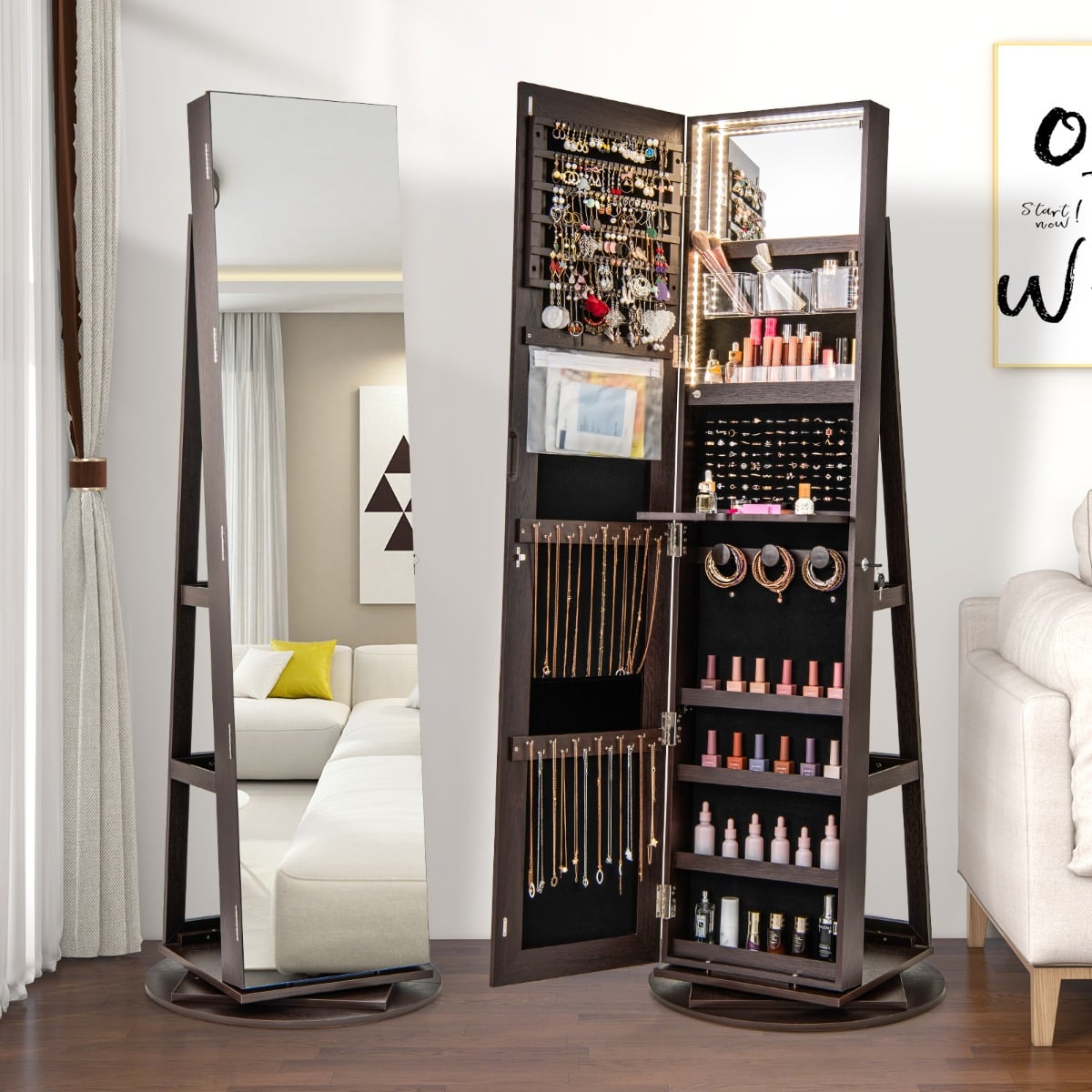 360-Degree Mirrored Jewelry Armoire with 3-Color Auto-on LED Lights-Brown