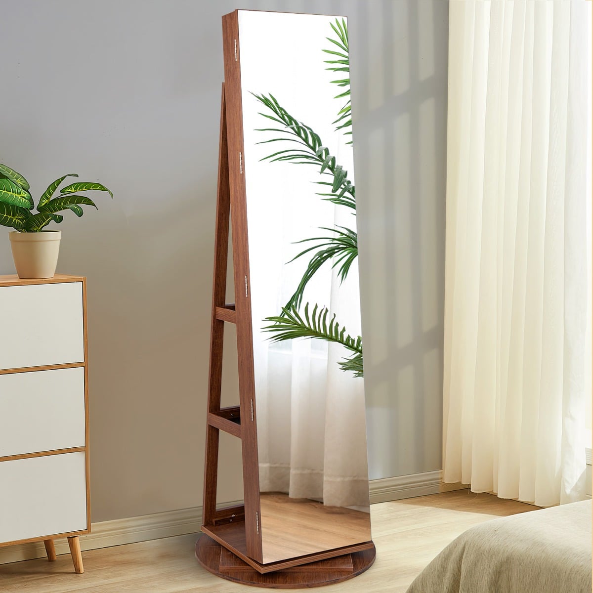 360-Degree Mirrored Jewelry Armoire with 3-Color Auto-on LED Lights-Natural