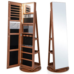 360-Degree Mirrored Jewelry Armoire with 3-Color Auto-on LED Lights-Natural