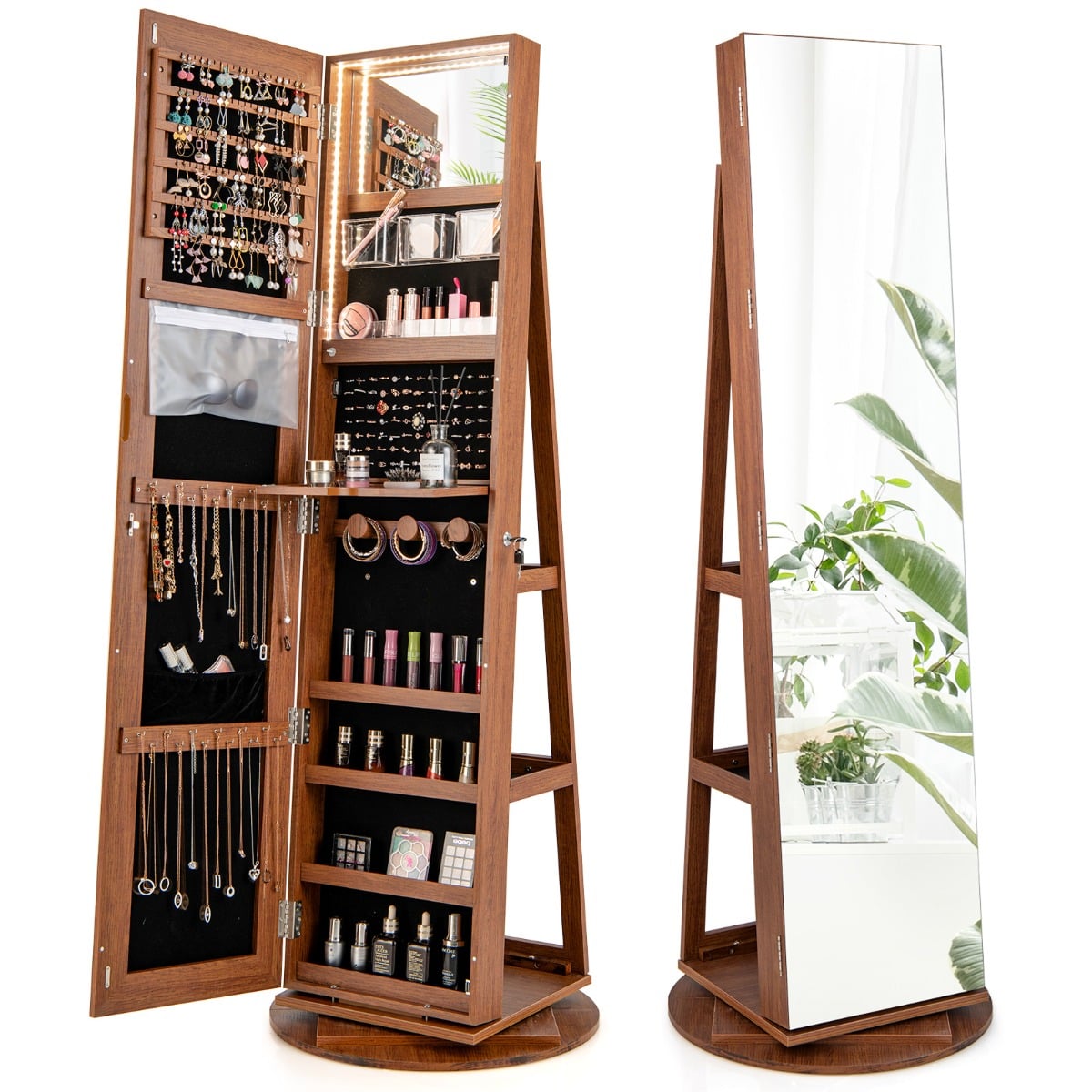 360-Degree Mirrored Jewelry Armoire with 3-Color Auto-on LED Lights-Natural