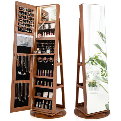 360-Degree Mirrored Jewelry Armoire with 3-Color Auto-on LED Lights-Natural