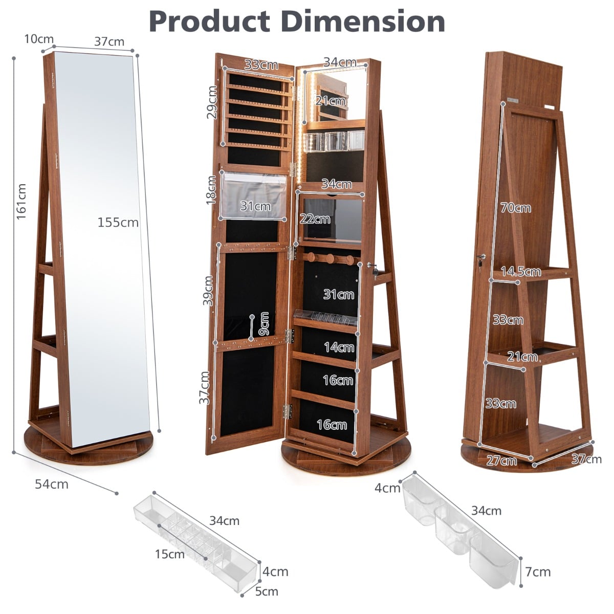 360-Degree Mirrored Jewelry Armoire with 3-Color Auto-on LED Lights-Natural