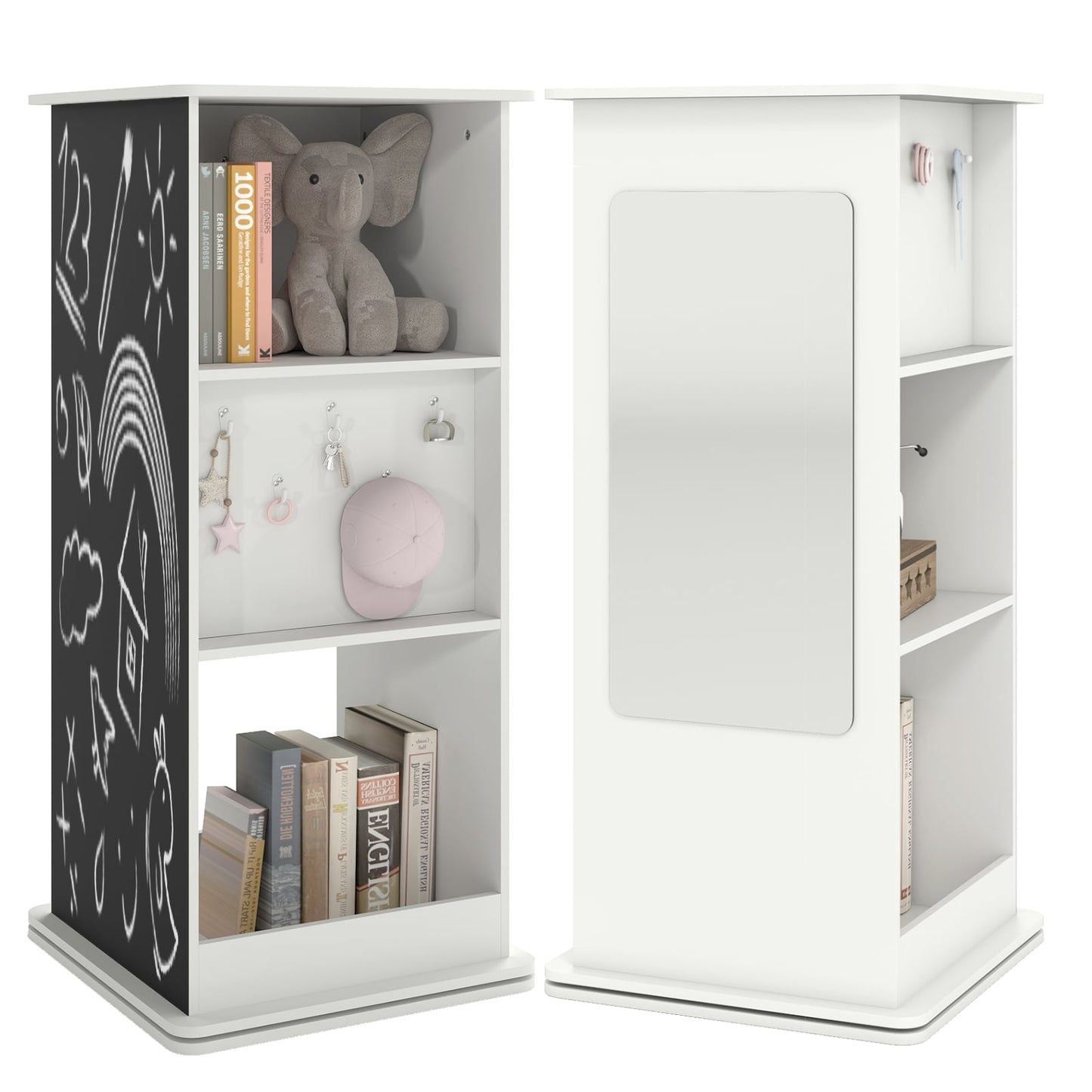 360° Spinning Corner Bookcase with Chalkboard and Open Compartments-White