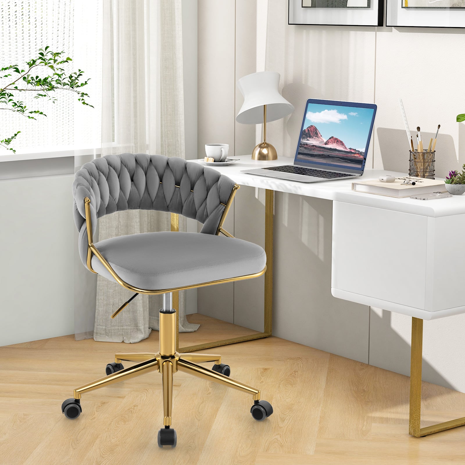 360° Swivel Home Office Desk Chair Set of 2 with Hand-woven Back-Grey